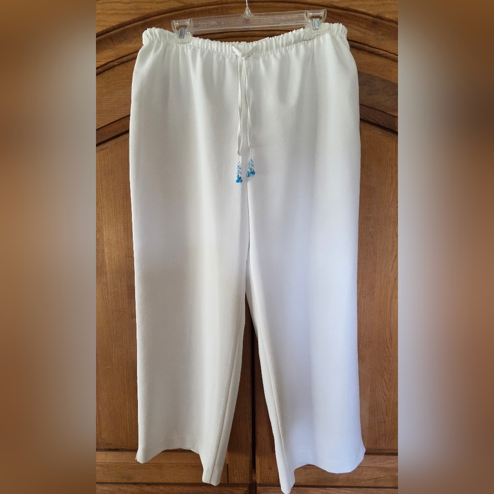 TanJay Summer White Lined Elastic Waist Women's Polyester Spandex Pants Sz 12